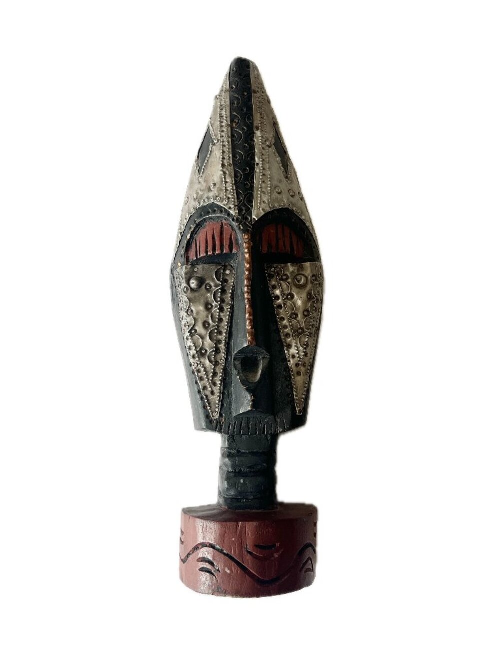 African Tribal Mask 15” Hand Carved Wood Hammered Metal Wall Decor Sculpture